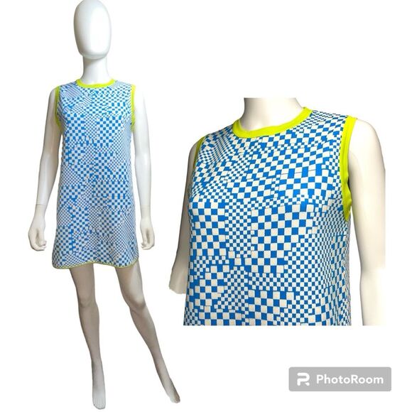 Zara Blue White Checker Print Neon Trim Knit Mod Sleeveless Mini Dress Size S - Picture 2 of 8